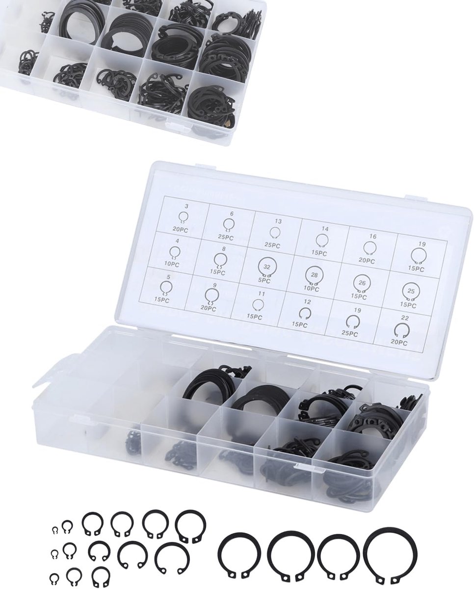 E-Clip Snap Circlip Set 300 stuks - Duurzaam gehard metaal - Diverse maten 2-32 mm - Ideaal voor borging - ShopVlot