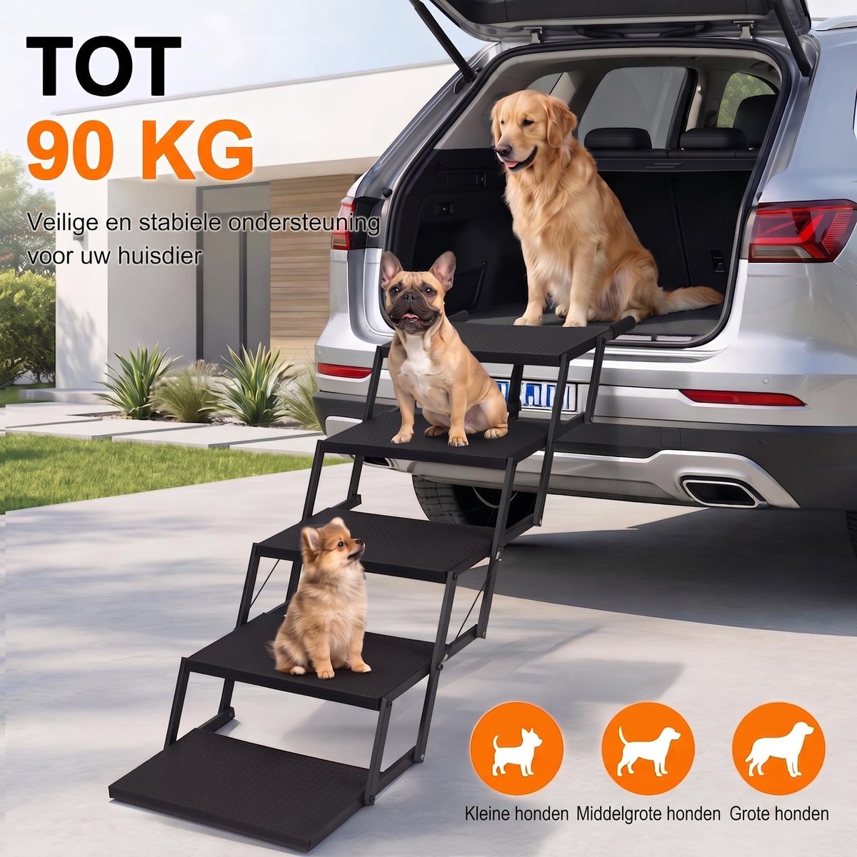 Opvouwbare hondenladder 6 treden - antislip - draagvermogen tot 113 kg - ideaal voor grote rassen en senioren - ShopVlot