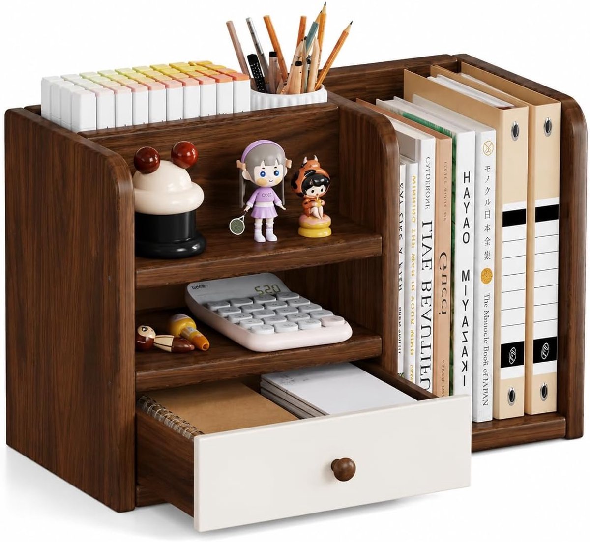 Bureaubladorganizer 40 x 16 x 22 cm - walnootkleur - 3-laags met lade - multifunctionele bureauopslag - ShopVlot