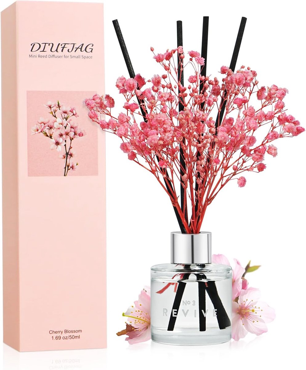 SnelShoppen - Cherry Blossom Geurverspreider met 8 Stokken, 50ml Wicker Diffuser voor Slaapkamer, Kantoor, Badkamer, Decoratie met Bloemen Geur, Lente
