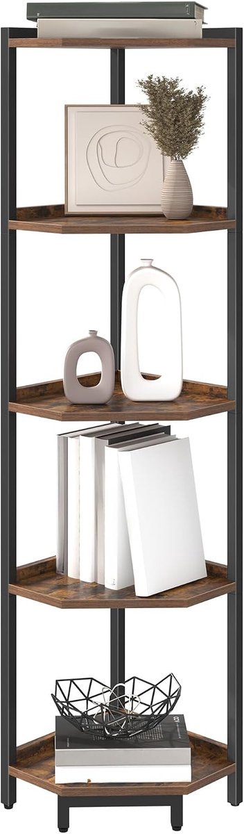 Hzuaneri Hoekplankstandaard, Hoekboekenplank, Opslag Staande Plankenkast met Metalen Frame, Plantenstandaard, Hoekboekenkast voor Woonkamer, Thuiskantoor, Slaapkamer, 5-Tier Rustiek Bruin Hoekrek, boekenkast met 5 verdiepingen, staand rek, opbergrek
