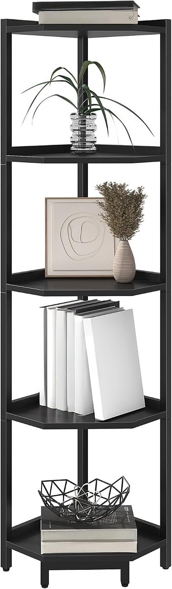 Hzuaneri Hoekplankstandaard, Hoekboekenplank, Opslag Staande Plank met Metalen Frame, Plantenstandaard, Hoekboekenkast voor Woonkamer, Thuiskantoor, Slaapkamer, 5-Tier Zwart Hoekrek, boekenkast met 5 verdiepingen, staand rek, opbergrek