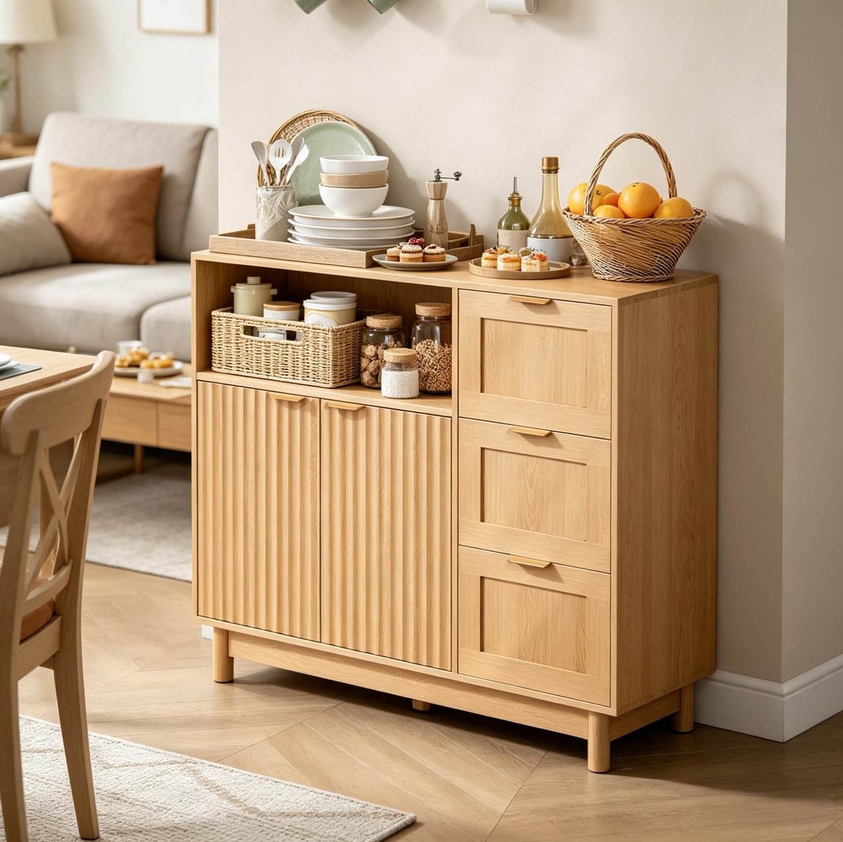 MODENUIT Keukenkast - Open Vak En 3 Laden - Voor Woonkamer, Keuken En Hal - MDF En Spaanplaat - 90x35x80 Cm - Hout