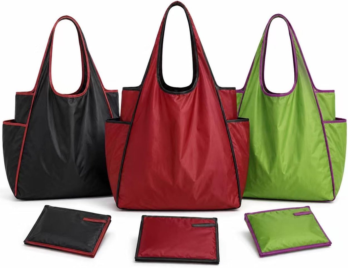 Boodschappentas opvouwbaar 3 stuks - zwart, rood, groen - herbruikbare tas met zijzakken - ideaal voor winkelen - ShopVlot