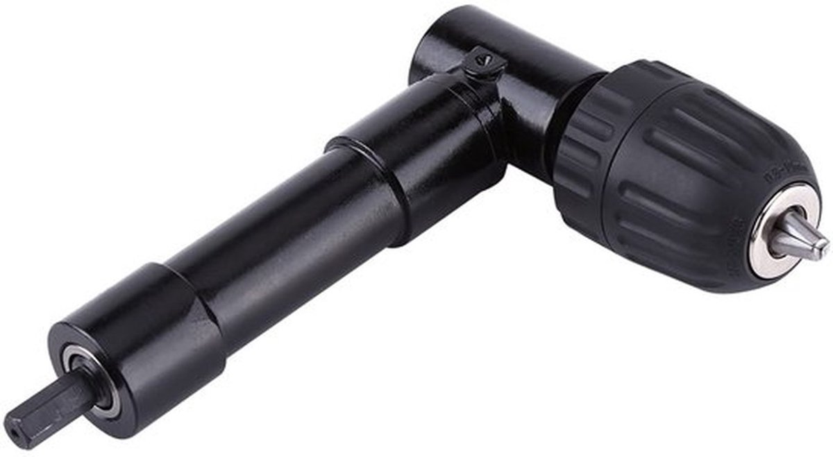 Bochtadapter van zwart metaal met 8 mm schacht en 90 graden hoek voor eenvoudig boren op moeilijk bereikbare plaatsen