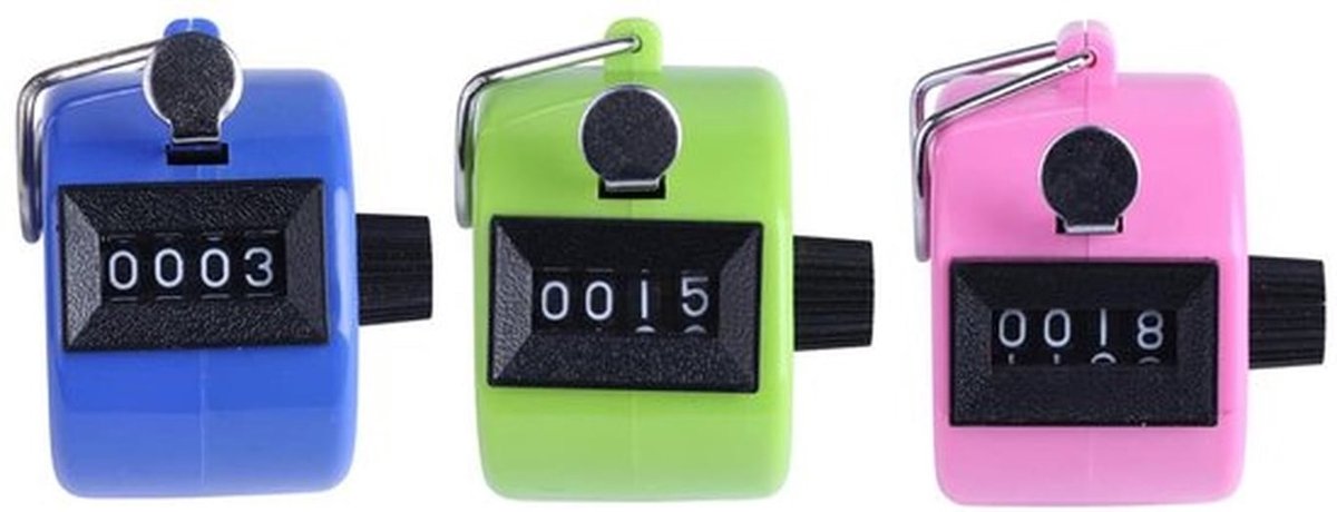 Set van 3 mechanische handtellers in groen, roze en blauw, batterijvrij en compact formaat voor eenvoudig tellen en gebruiksgemak
