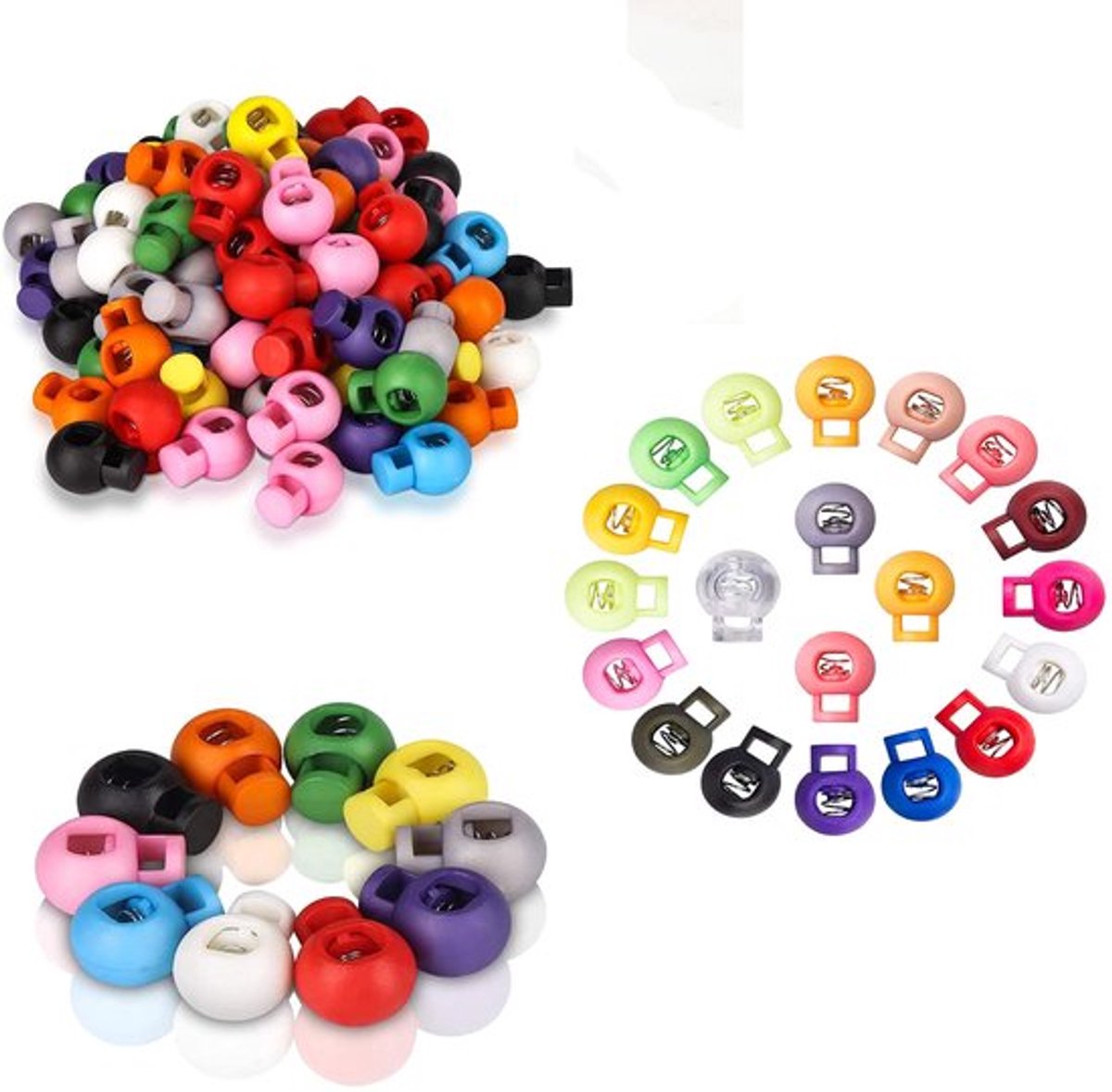 65 stuks plastic kabelsloten, één gat veer slider, ronde koordsluiting voor touwschakelaars de paracord kabel met veerstop, 13 kleuren
