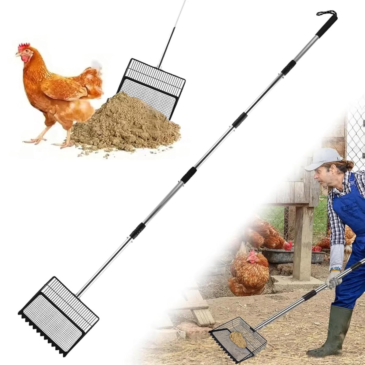 175 cm kippenmestschop, 4-in-1 instelbare kippenmestschop, kippenhok accessoires voor het schoonmaken zeef voor kippenhok om MEST en puin te scheiden van zand kippenstrooiselschop accessoires