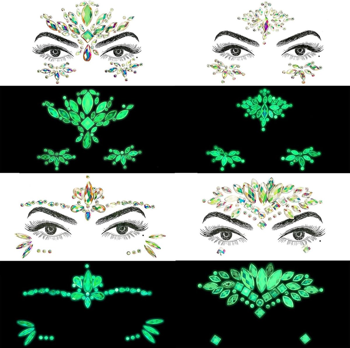 4 stuks lichtgevende gezicht-edelstenen, lichtgevende strass-steentjes in de nacht, zelfklevende strassteentjes, glittersteentjes, tijdelijke tatoeage voor make-up, feest, carnaval, Halloween