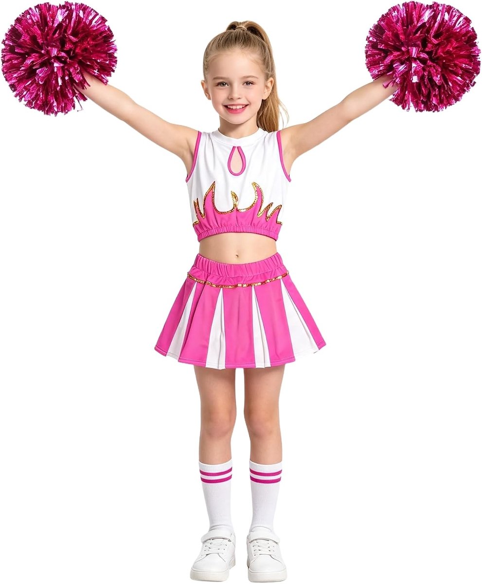 Meisjes Cheerleader Kostuum School Kid Cheer Kostuum Outfit Carnaval Fancy Dress Kostuum (Roze, 134-140, Tag Maat 140)