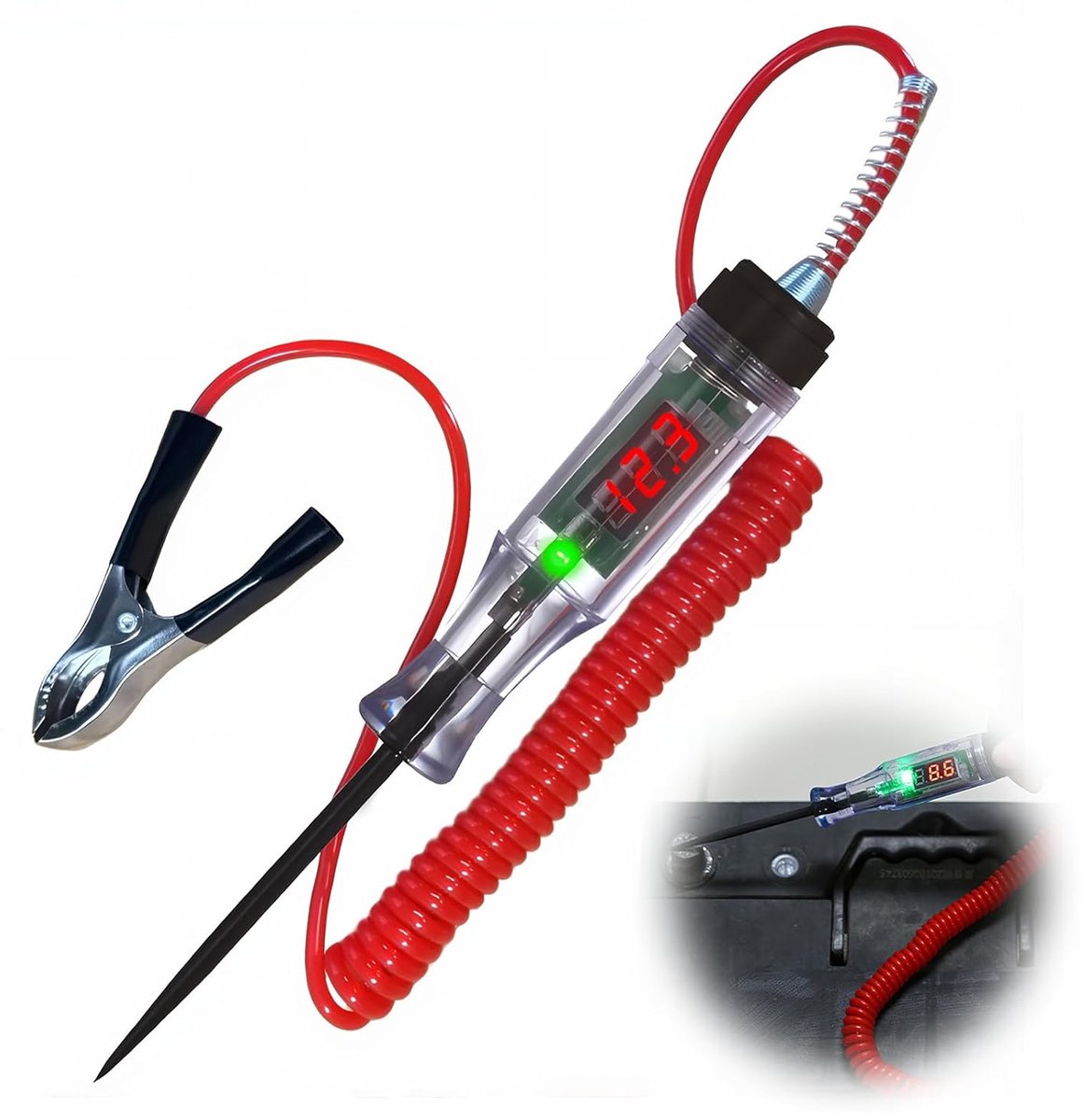 Tester voor auto's 5-120 V, autospanningstester met lcd-display, veerkabel en krokodillenklemmen, polariteitstest, controlelampje en zekeringen, autotester