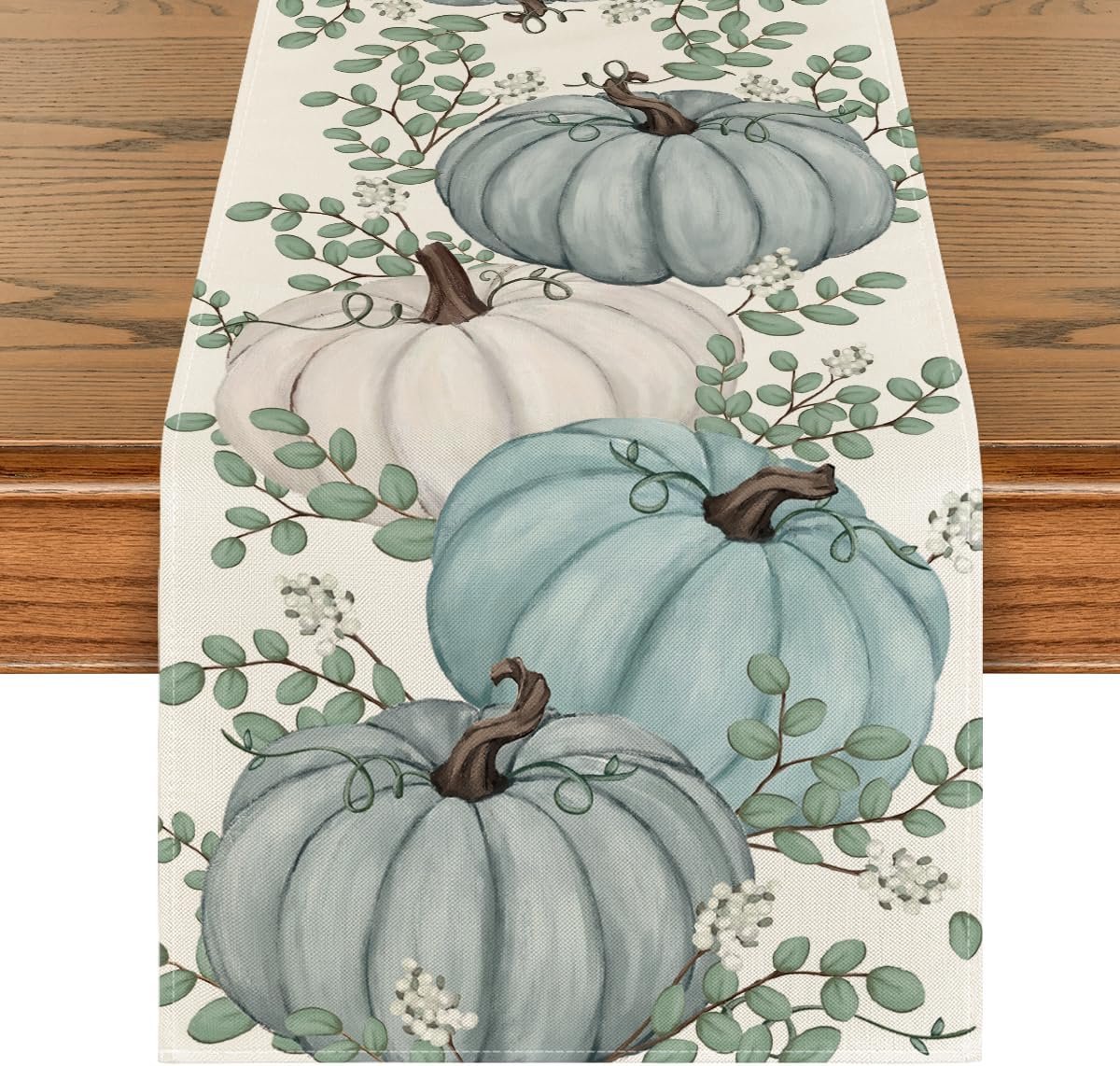 Mode DREI Tafelloper met pompoenen en eucalyptusbladeren, seizoensgebonden keukentafeldecoratie voor de herfst, feestelijke decoratie voor binnen, blauw, 40 x 140 cm