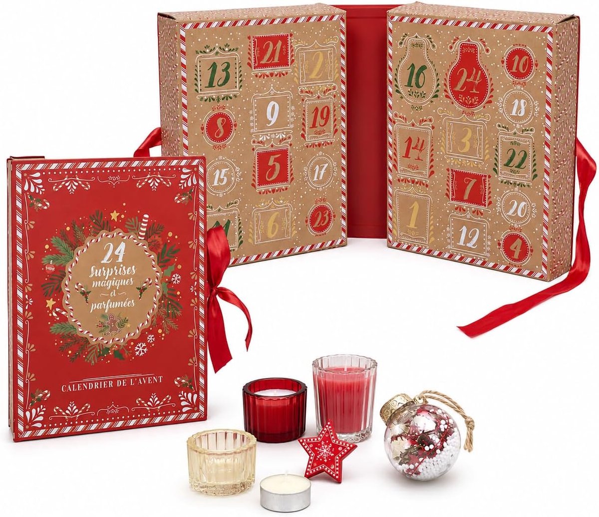 Adventskalender met kerstkaarsen - 24 geurende verrassingen - elegante rode uitvoering - sfeervolle kerstdecoratie - SnelShoppen