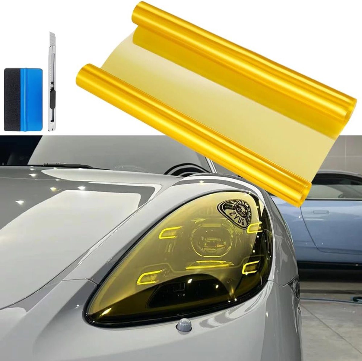 12 bij 48 inch Zelfklevende Auto Tint Koplamp Achterlicht Mistlamp Vinyl Rook Film Stickervel Cover (Geel, 30cm x 120cm) | Zelfklevende autofolie voor koplampen, incl. gereedschap voor het aanbrengen, herpositioneerbaar, voor alle voertuigkoplampen