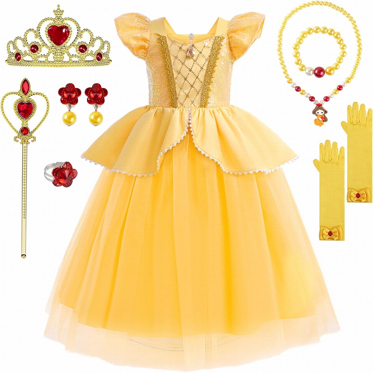 Prinsessenkostuum voor meisjes, met halsketting met prinsessenkroon, prinsessenjurk, roze, schoonheid en beest, elegante jurk voor feest, cosplay