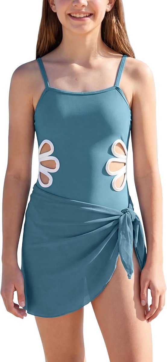 Badpak voor meisjes, eendelig, mouwloos, met bloemen, uitgesneden badmode, meisjes, zwemkostuum, cover-up, 7-16 jaar