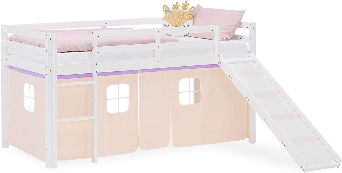 Hoogslaper met glijbaan 90x200 cm wit, kinderbed van grenen, met gordijn paars beige, artikel 2950