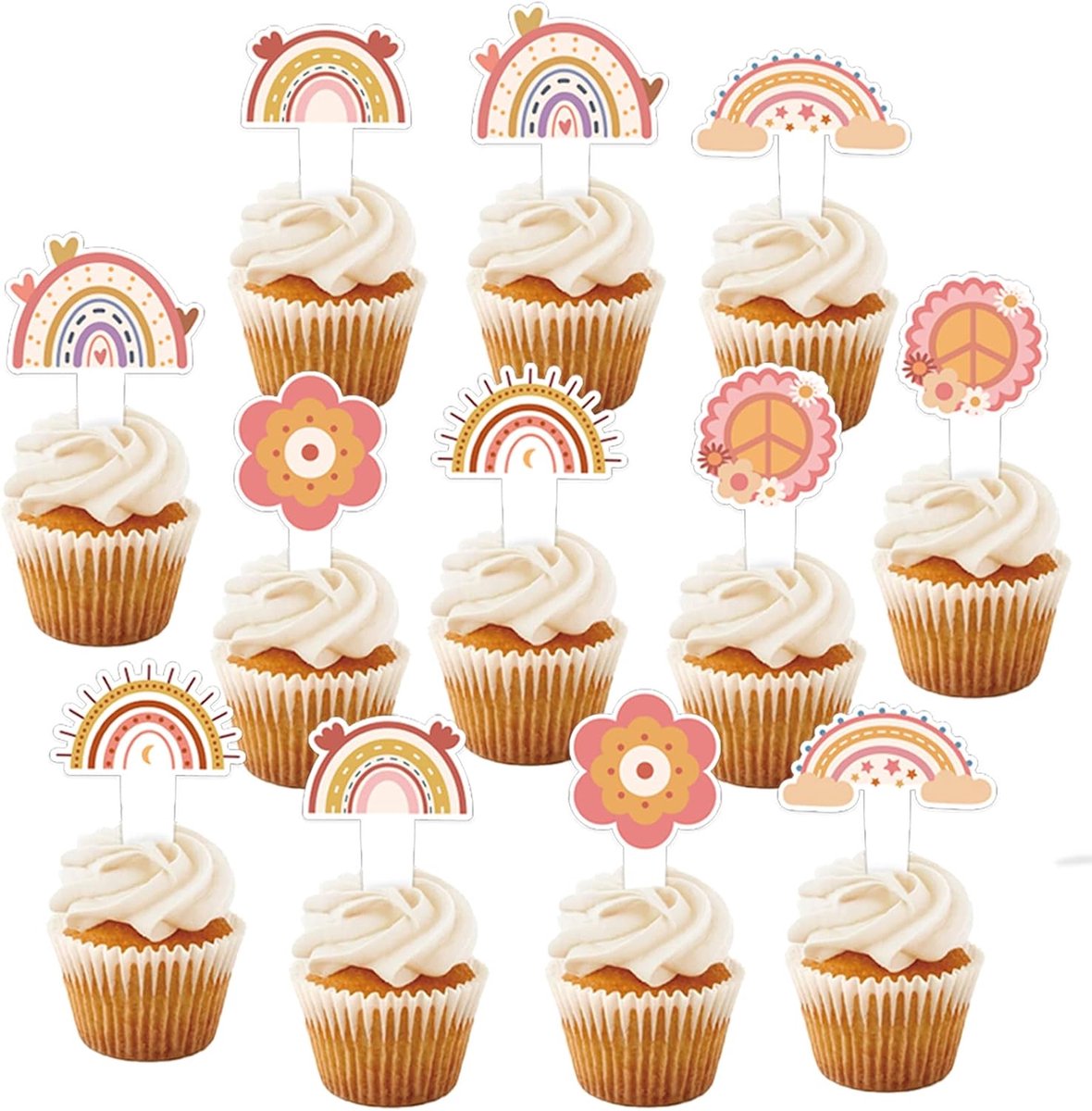 Joy 24 stuks taartdecoratie verjaardag boho regenboog, cupcake-toppers bloemen decoratie taartdecoratie meisjes Rainbow Happy Birthday voor kinderen meisjes jongens