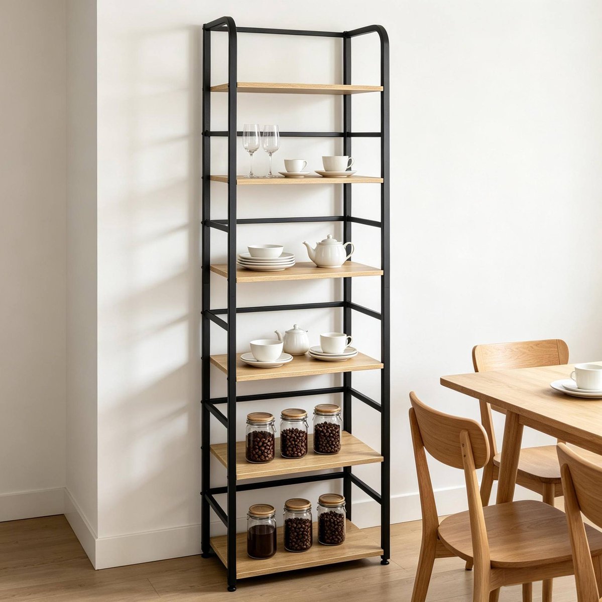 FloraGrace Stellingkast – 6-Laags Open Design – 50 X 30 X 176 Cm – MDF En Metaal – Zwart En Licht Eiken – Voor Boeken En Decoratie