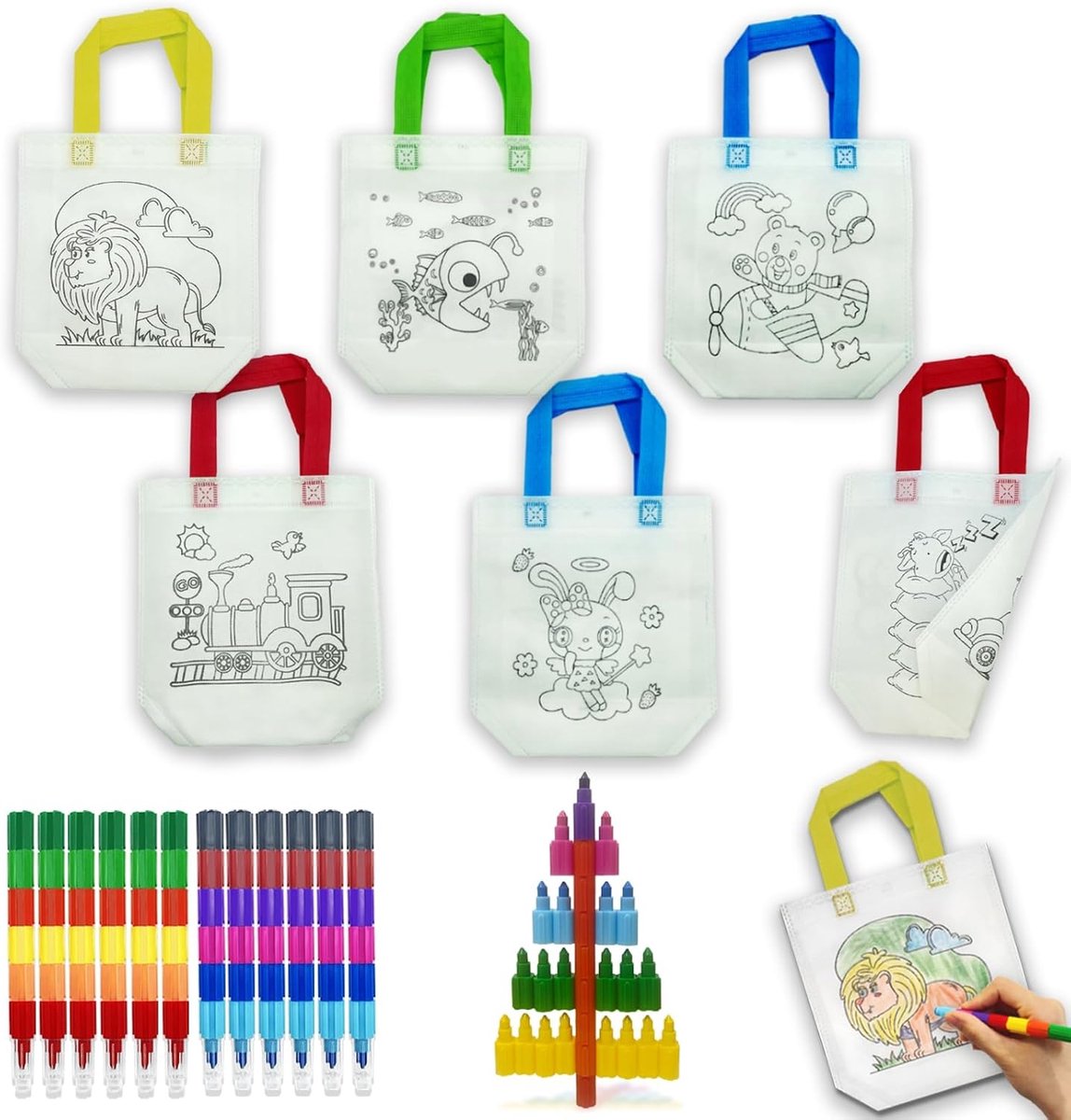 Schilderen set voor kinderen - 6 stoffen tassen en 12 kleurenwaskrijtjes - ideaal voor verjaardagscadeaus - ShopVlot