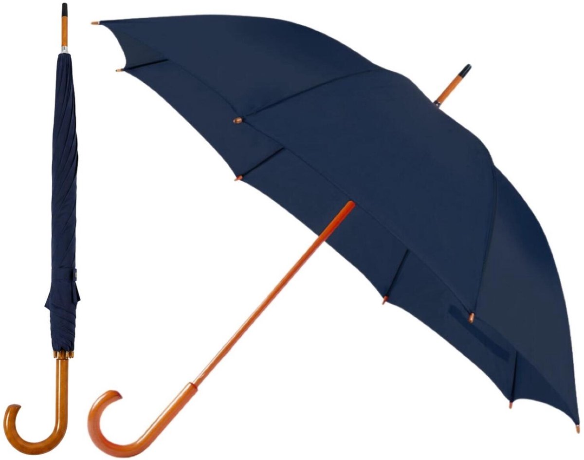 Bellatio Design Paraplu Dryfeet - 2x - donkerblauw - dia 105 cm - 85 cm lang - 8 panels - regen - polyester/hout - Classic model