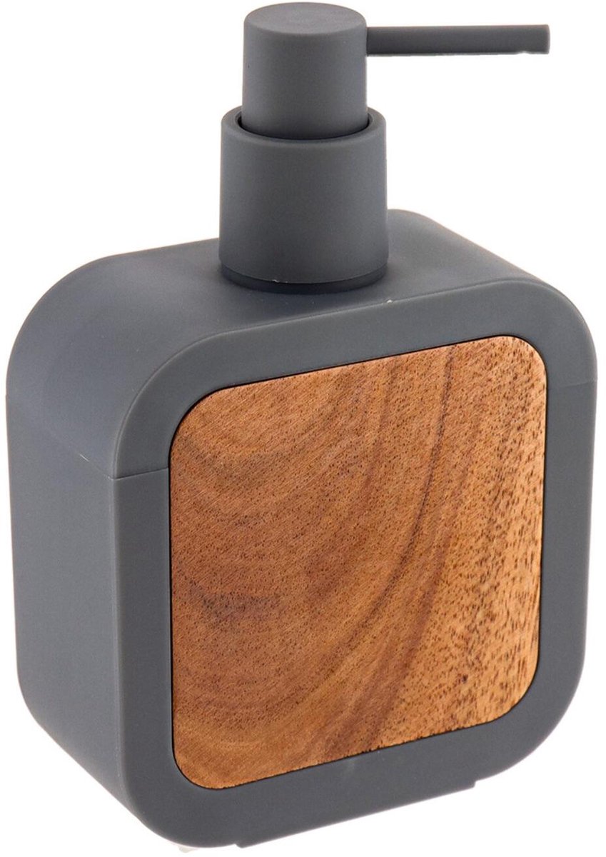Tendance zeeppomp / zeepdispenser Aspen - grijs - 350ml - vierkant - rubber/acacia hout