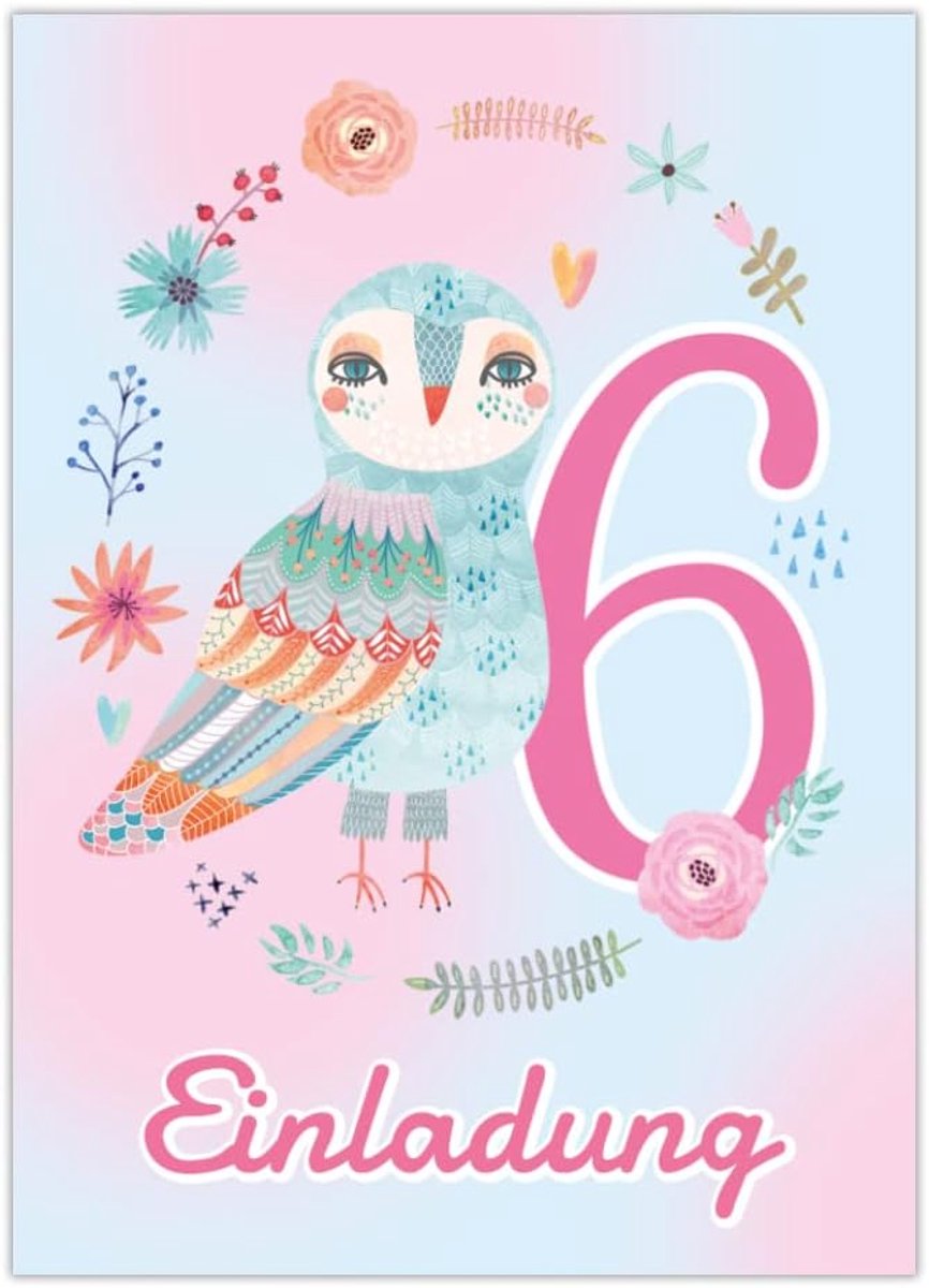 SnelShoppen - 12 Uitnodigingskaarten voor 6e Verjaardag Meisje met Uil - Kinderuitnodigingen - 10,5 x 14,8 cm - Perfect voor Feestjes - Made in German