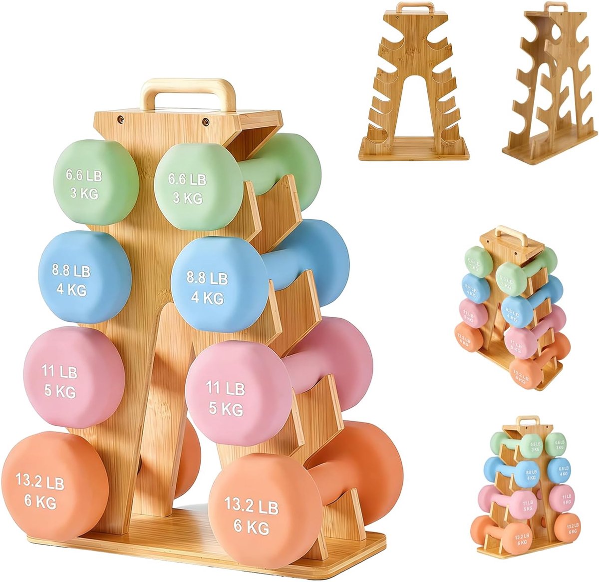 Dumbbell stand 4-laags - houten A-frame - ruimtebesparend ontwerp - perfecte organizer voor thuisgym - ShopVlot