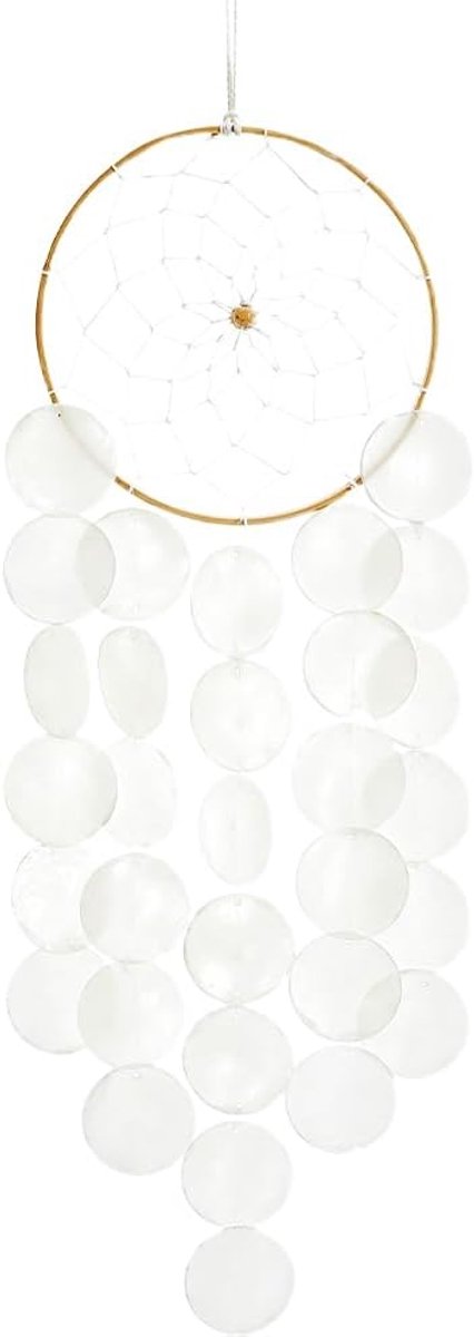 1 stuk 65 cm windgong van witte schelpen in boho-stijl met bamboe ring, dromenvanger, boho, kust, hangdecoratie voor veranda, raam, balkon, strand en zeestijl, woondecoratie voor buiten