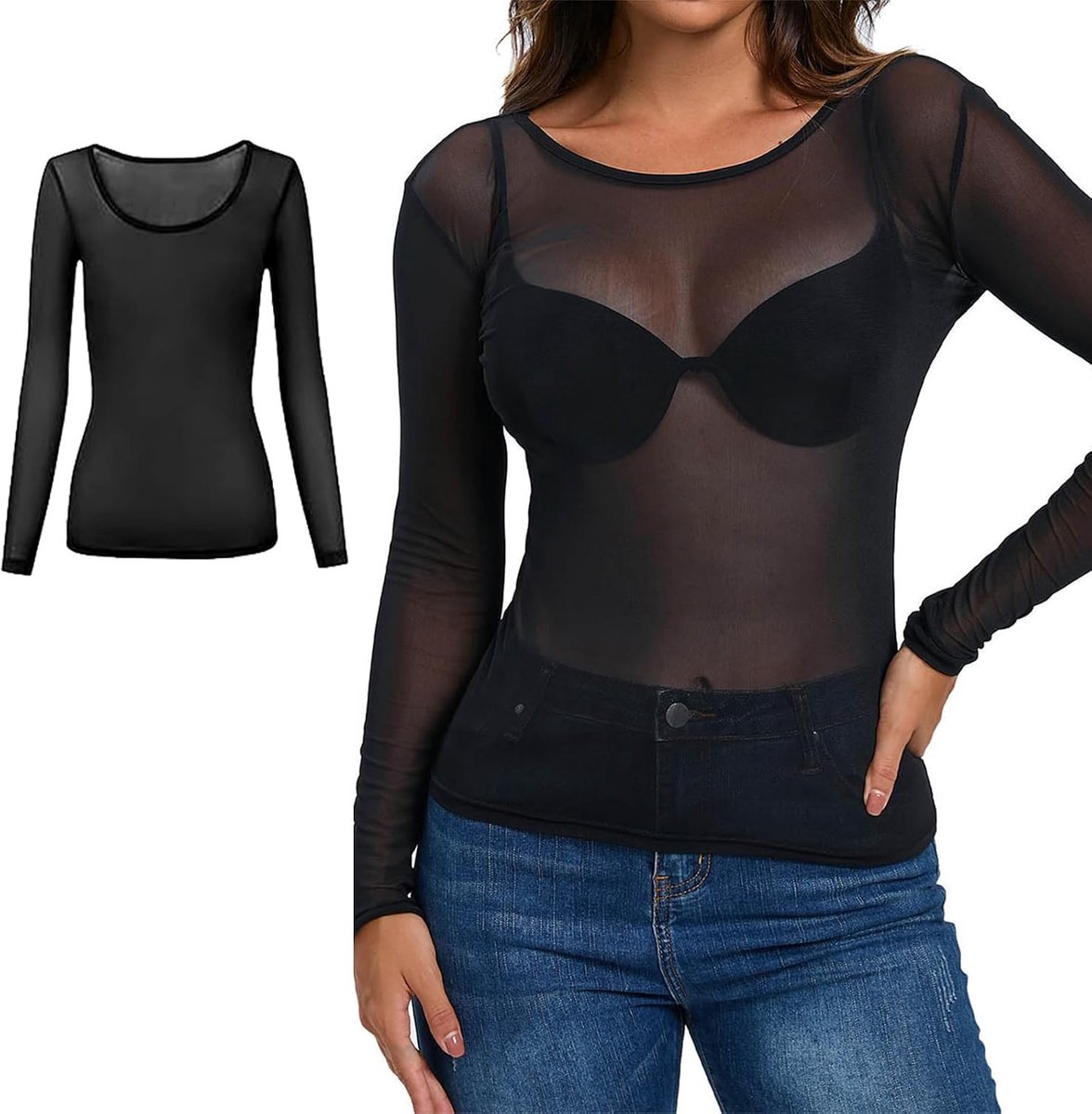 Mesh top voor dames, transparant mesh shirt met gouden kettingriem - Zachte mesh top voor clubwear, feesten en dagelijks gebruik - Ademende sexy top voor dames met ronde hals