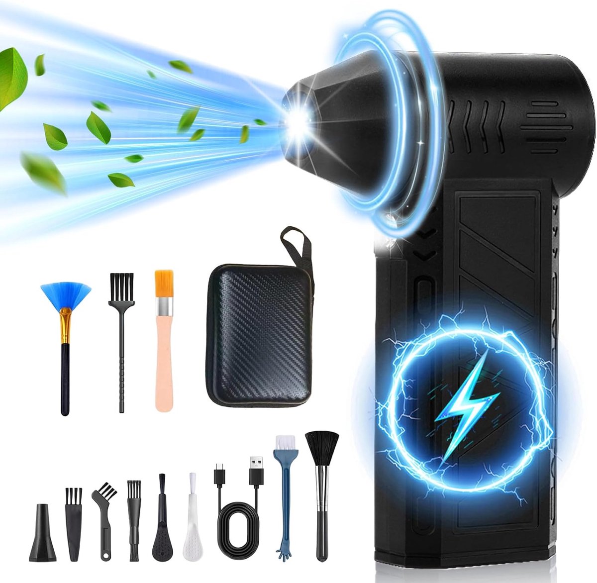 Elektrische stofblazer, persluchtspray, elektrische stofblazer met zaklamp, 4 versnellingen, 130.000 omw/min, compressed Air Duster, ventilator Turbo Jet Fan met 5000 mAh accu voor pc, auto