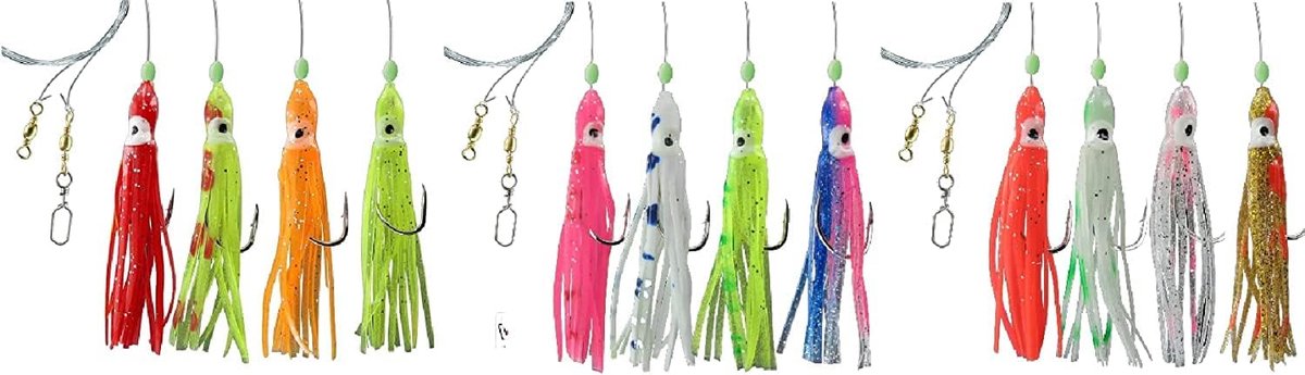 by Jenzi Set van 3 zeevoorvakken rubber octopus 4 armen oplichtende inktvis Noorwegen gemonteerd lengte 115 cm, lijndikte 0,70/0,60 mm, haakmaat 3/0