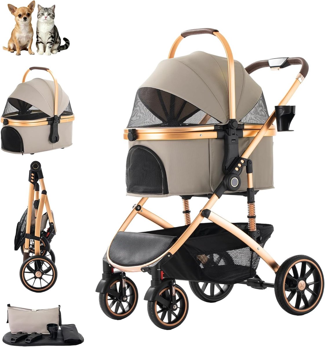 Opvouwbare hondenbuggy voor middelgrote katten en honden, met afneembare transportbox, uitgerust met: mand | bekerhouder | 360° wielen | veiligheidsgordel | max. belasting 22 kg