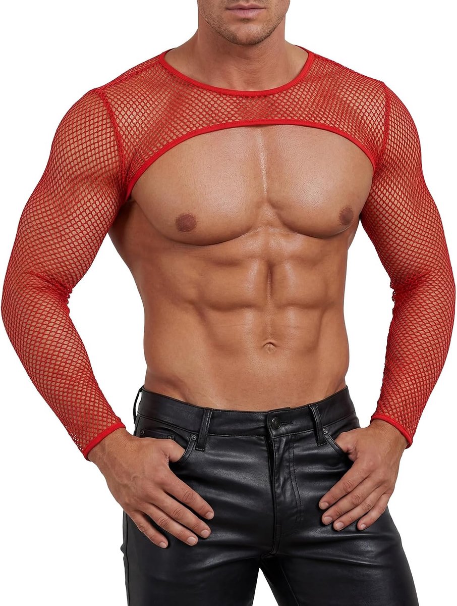 Heren nethemd borstvrij crop top doorzichtig bolero shrug schouder bovendeel sexy clubwear visnet top