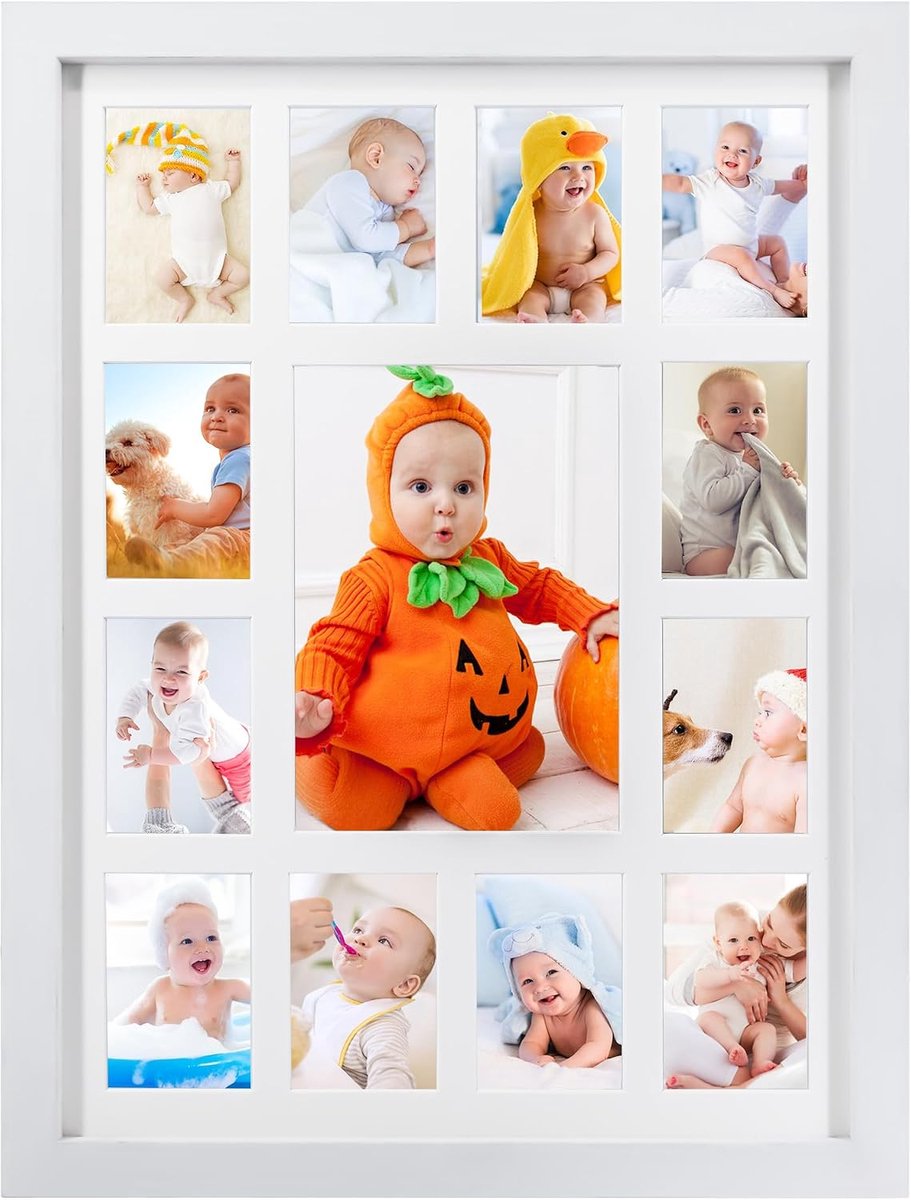Fotolijsten 12 maanden fotolijst schooljaar afstuderen fotocollage wit frame met mat, toont één 5x7 foto en twaalf 2,5 x 3,5 foto's