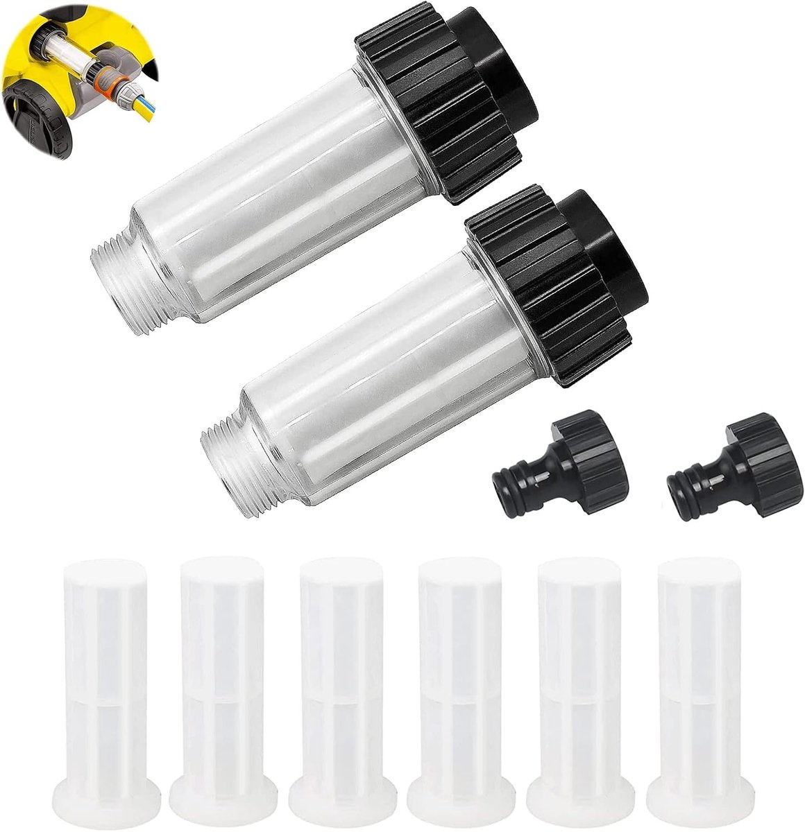 Waterfilter voor camper, waterfilter tuinslang, 3/4 inch watervoorfilter, tuinpomp, set met 6 filterinzetstukken + 2 sneladapters voor hogedrukreiniger, tuinirrigatie