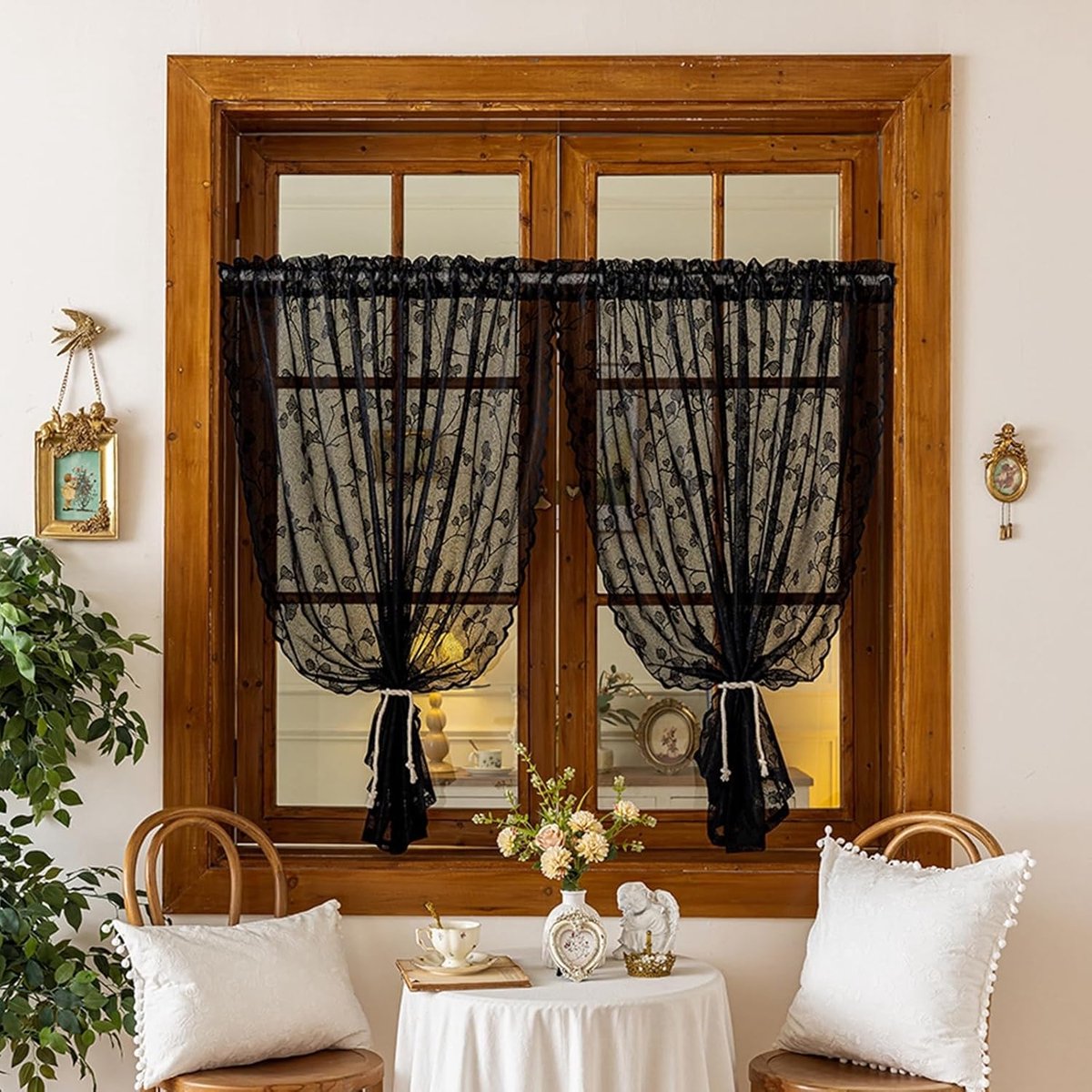 transparant, set van 2 gordijnen, keuken, zwarte gordijnen met ringen, H 100 x B 140 cm, vitrage, lange kant, woonkamer, korte gordijnen, doorzichtig