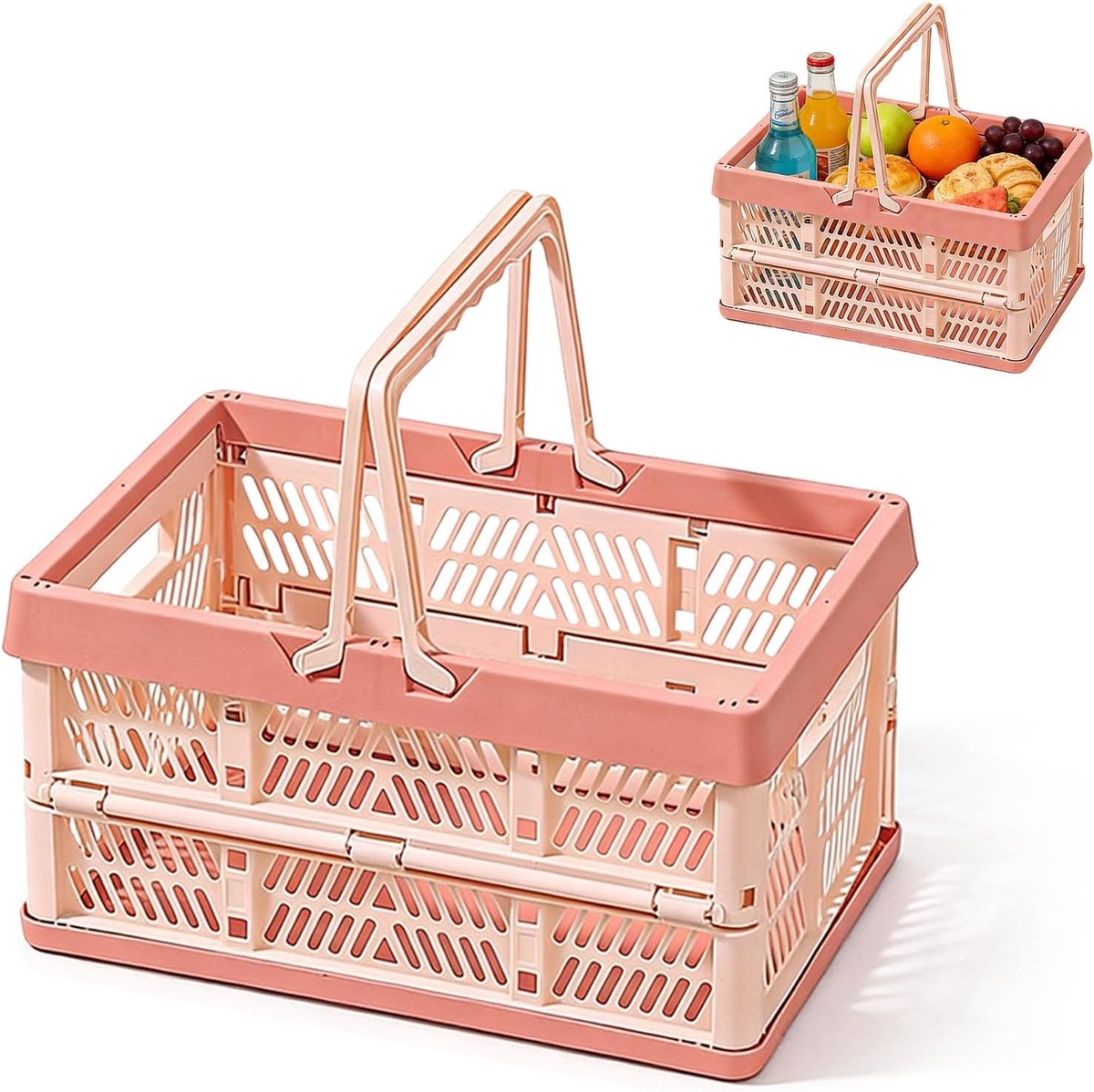 2 stuks kleine vouwdozen, vouwbox opvouwbaar met handvat, stapelbaar en ruimtebesparend, opvouwbare opbergkist voor keuken, badkamer, kantoor, slaapkamer en kledingkasten (roze, klein)