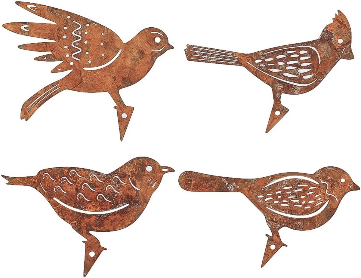 4-pack Rustieke Patina Metalen Vogeldecoratie - Tuin-/Boompalen, Past op Houten Hek & Tuinornament