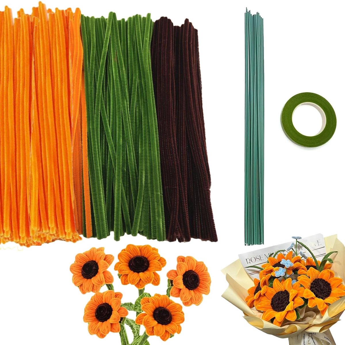 300 stuks pijpenragers, bloemenset, chenilledraad, pijpreiniger, pijpenrager om te knutselen, met lint en groene stick, voor doe-het-zelf decoratieve geschenken (geel)