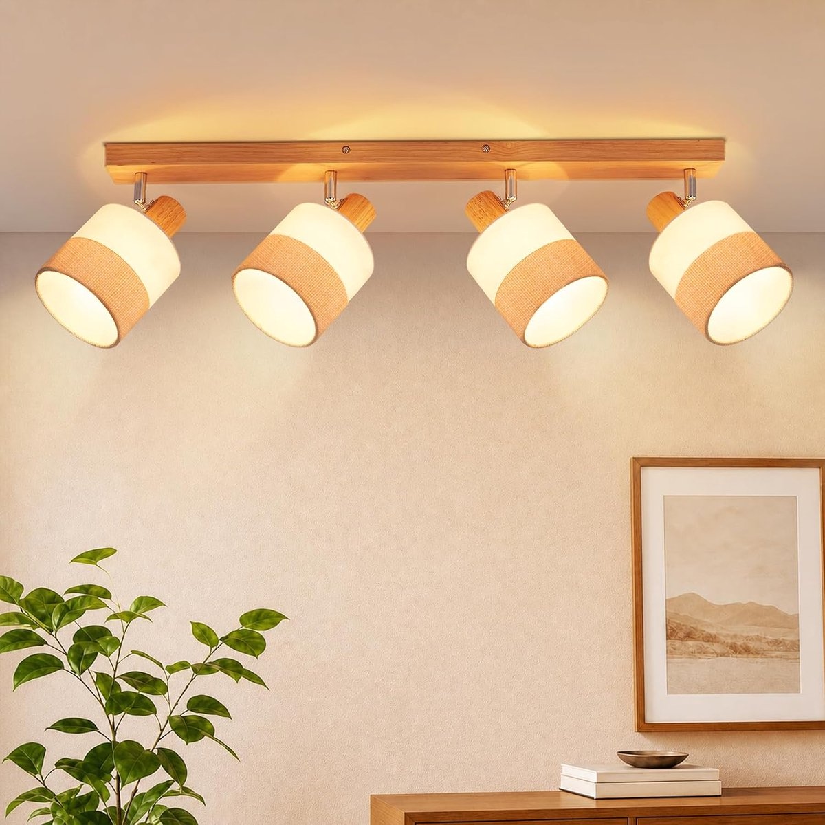 Plafondlamp 4 vlams plafondspot vintage plafondlamp houten | plafondspot E14 met stoffen kap draaibaar 350° retro MAX.25W hal keuken woonkamer slaapkamer zonder lamp