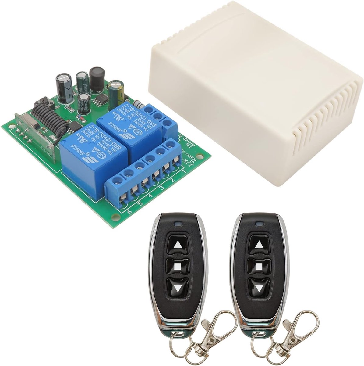 Motor Afstandsbediening Schakelaar AC 240V 230V 220V 10A 2CH Radio Control Relais Ontvanger met 2 Zenders voor Garagedeur Elektrisch Gordijn, Controle Motor Vooruit/achteruit