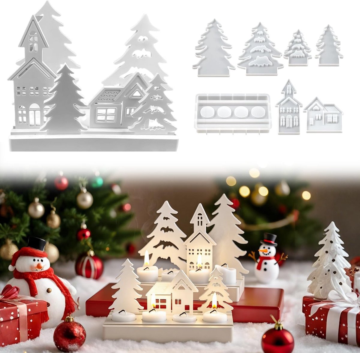 7 stuks siliconen gietvormen Kerstmis, siliconenvorm huizen, gietvormen silicone Kerstmis kaarsenhouders, gietvorm kerstboom gipsvormen voor gieten voor DIY handwerk, kaarsen, gips