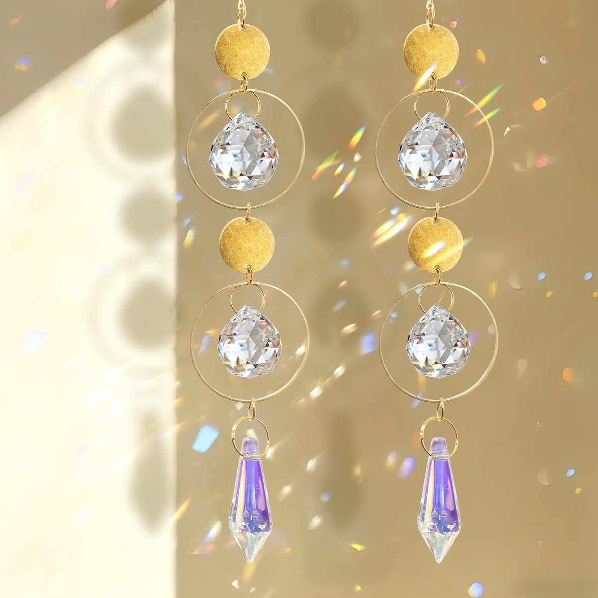Zonnevanger Raamhanger Metalen Ringen Voor Raamdecoratie | Twee Metalen Ringen Met Gefacetteerde Kristallen Creëren Kleurrijke Regenboogreflecties Bij Zonlicht Aan Het Raam