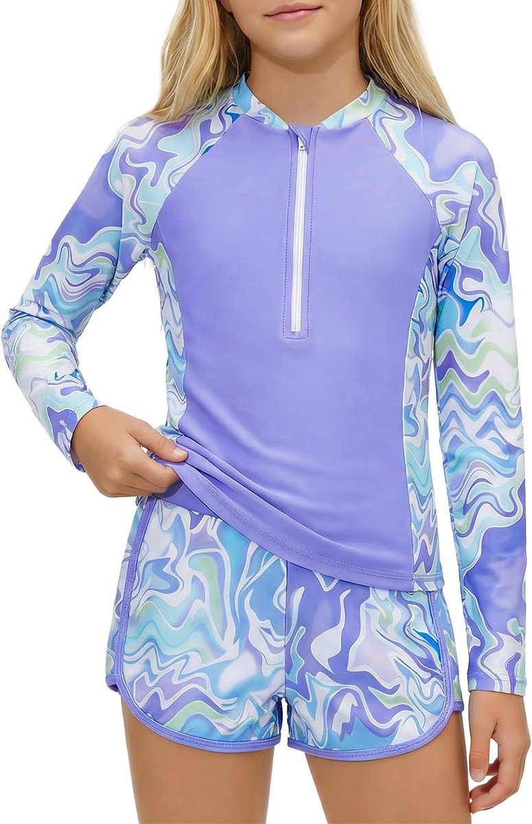 Uv-badpak voor meisjes met gevoerd, lange mouwen, uv-badkleding met badshirt en shorts, zwemshirt, uv-shirt, zwempak, 8-14 jaar