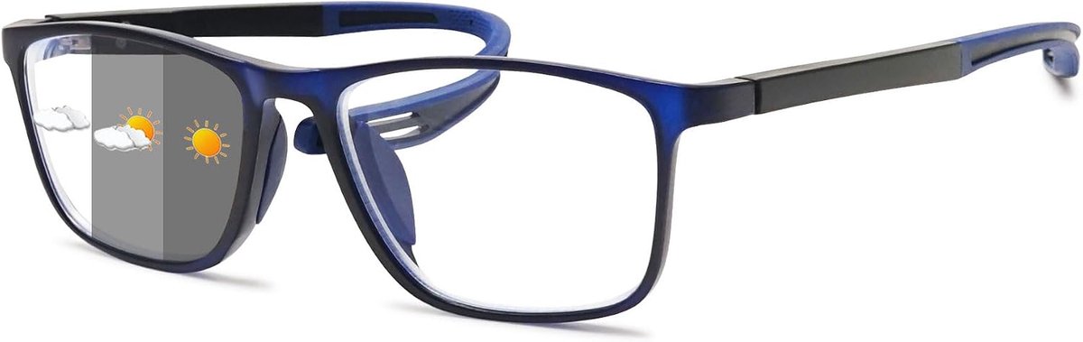 Zelfkleurende leesbril met blauwlichtfilter, voor dames en heren, fotochroom, leeshulp, rechthoekig, flexibel, UV400-bescherming, zonnebril +1,0 tot +4,0, Blauw frame blauwe arm (grijs