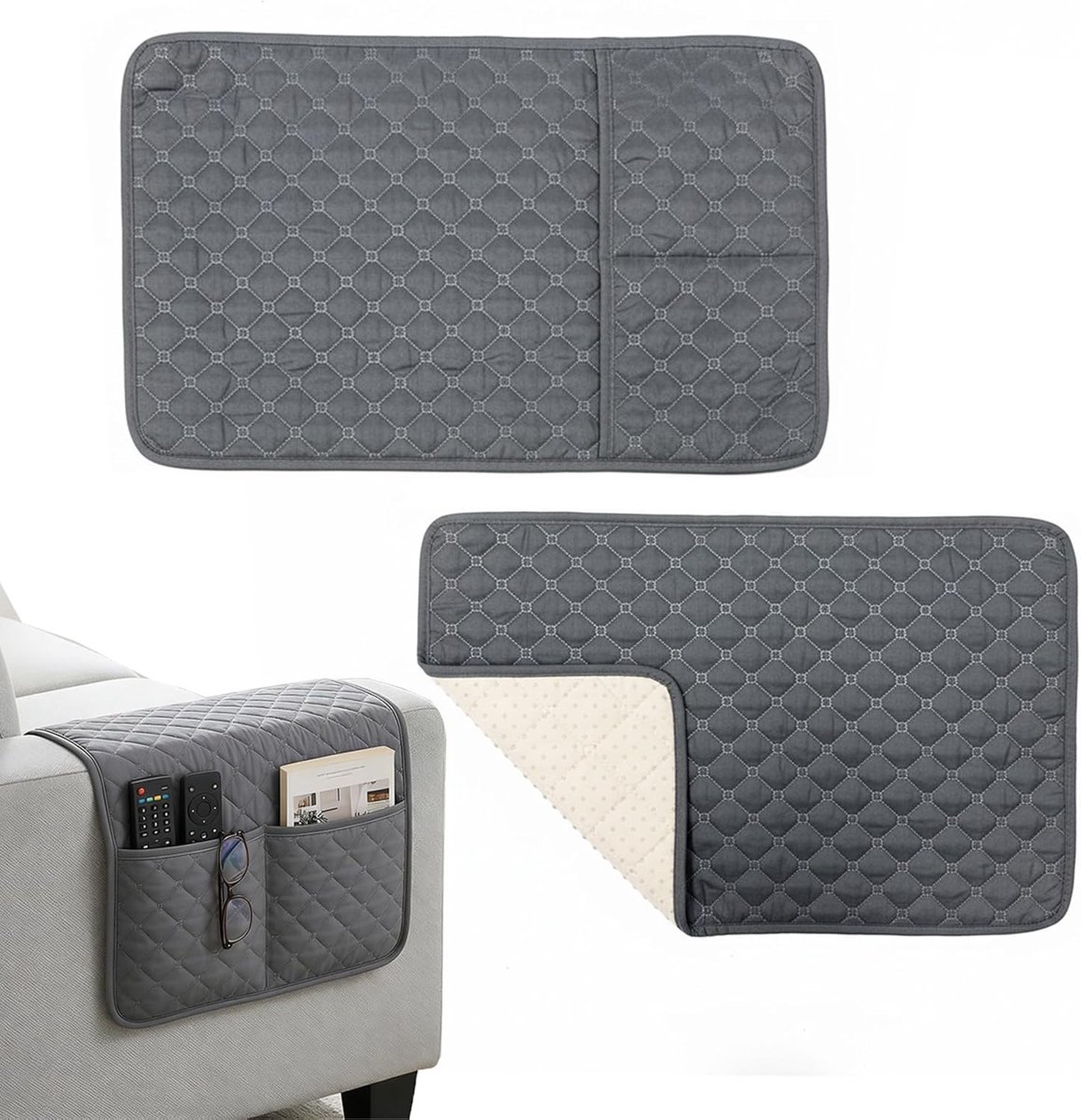 Organizer voor armleuning, bank, armleuninghoes met zijvak voor afstandsbediening, antislip bescherming voor bank en fauteuil, machinewasbaar, 60 x 40 cm (grijs)