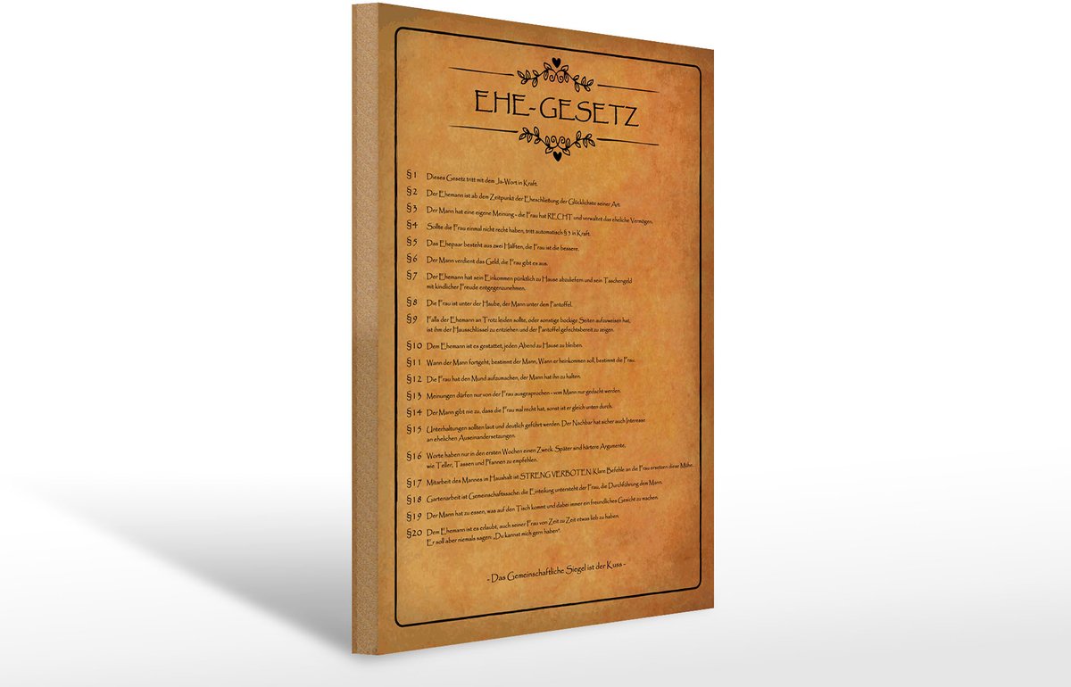 Holzschild Spruch 30x40 cm Ehe Gesetz Deko Schild