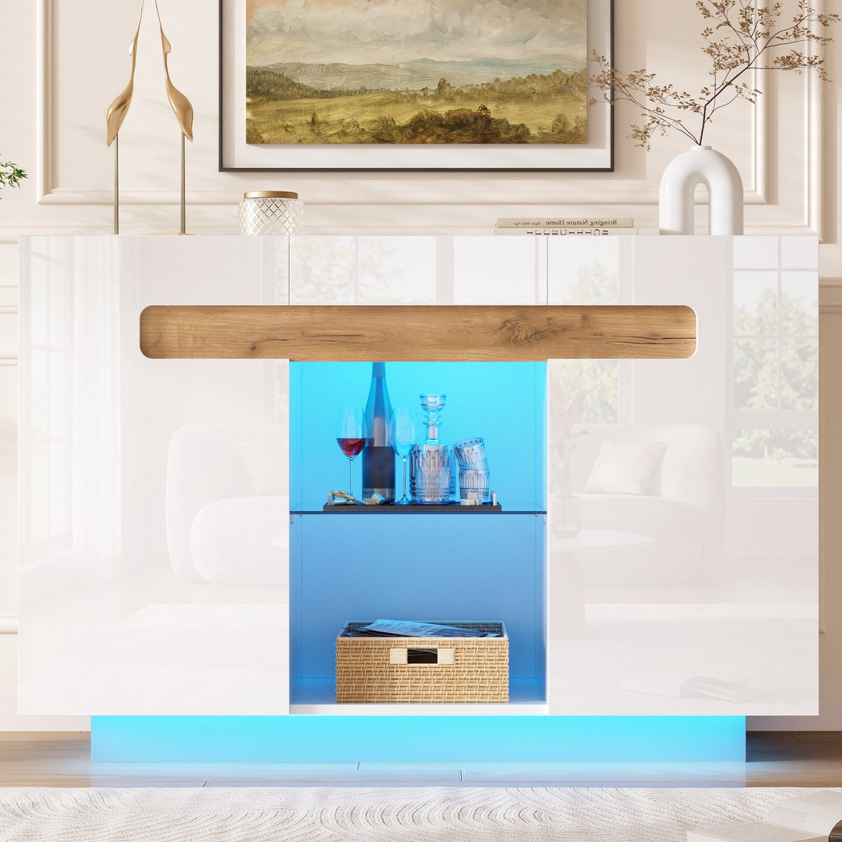 VVBV Dressoir 120x40x80 cm - Opbergruimte, Glazen Deuren, LED-Verlichting, Met Lades - Wit/Naturel, Spaanplaat