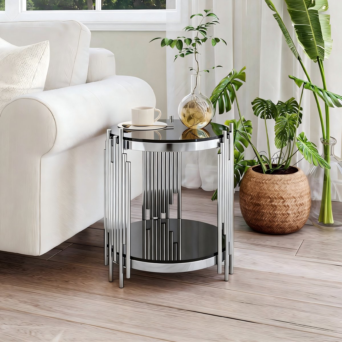 COVREO Bijzettafel rond 45 cm zwart, RVS frame met 2 lagen opbergruimte